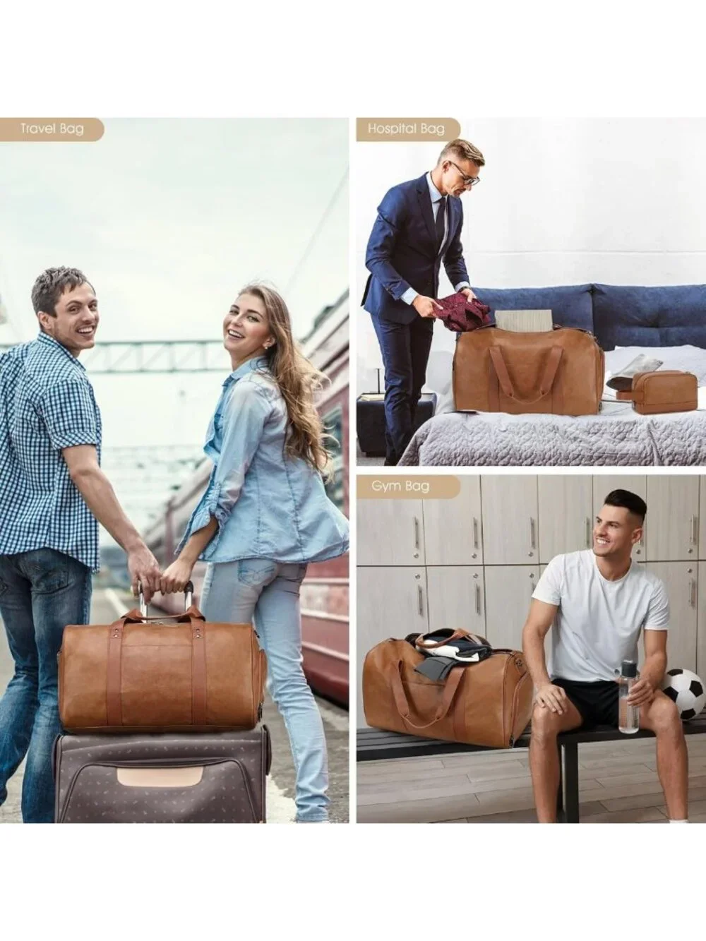 3PCS Faux Leather Weekender Travel Bag Set | Overnight Duffel with Shoe